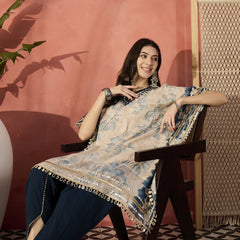 Floral Printed & Embroidered Kaftan With Trousers