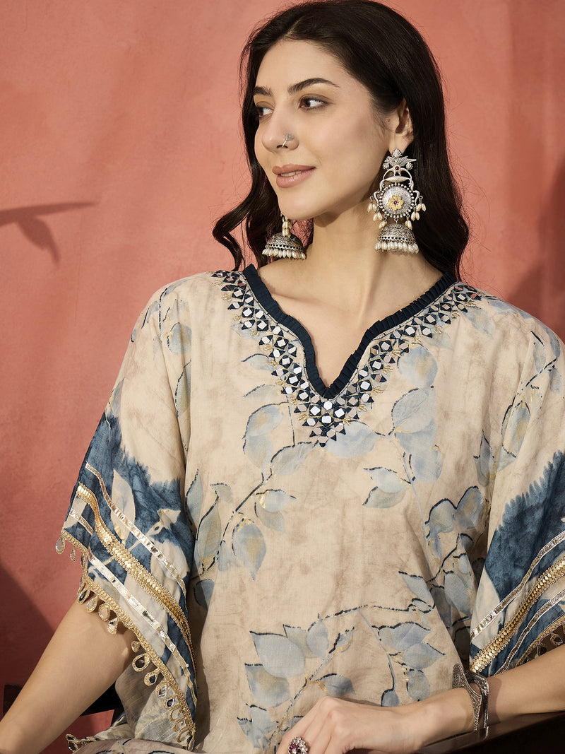 Floral Printed & Embroidered Kaftan With Trousers