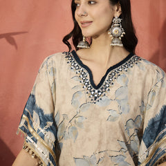 Floral Printed & Embroidered Kaftan With Trousers