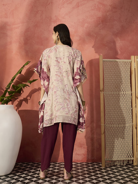 Floral Printed & Embroidered Kaftan With Trousers