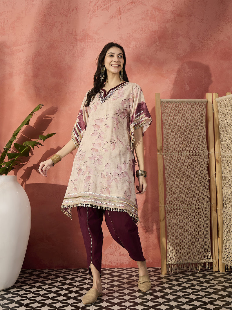 Floral Printed & Embroidered Kaftan With Trousers