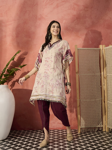 Floral Printed & Embroidered Kaftan With Trousers