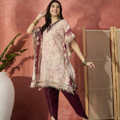 Floral Printed & Embroidered Kaftan With Trousers
