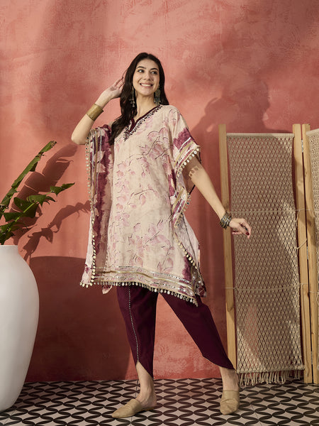 Floral Printed & Embroidered Kaftan With Trousers