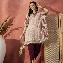 Floral Printed & Embroidered Kaftan With Trousers