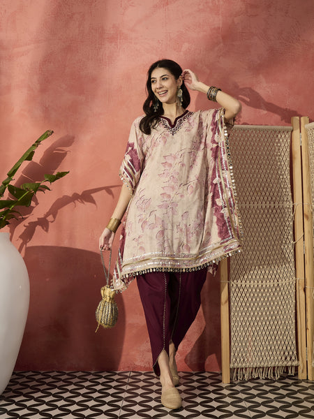 Floral Printed & Embroidered Kaftan With Trousers