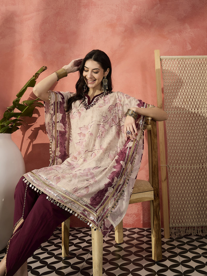 Floral Printed & Embroidered Kaftan With Trousers