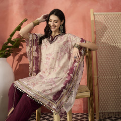 Floral Printed & Embroidered Kaftan With Trousers