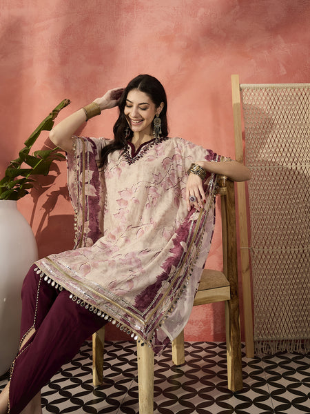 Floral Printed & Embroidered Kaftan With Trousers