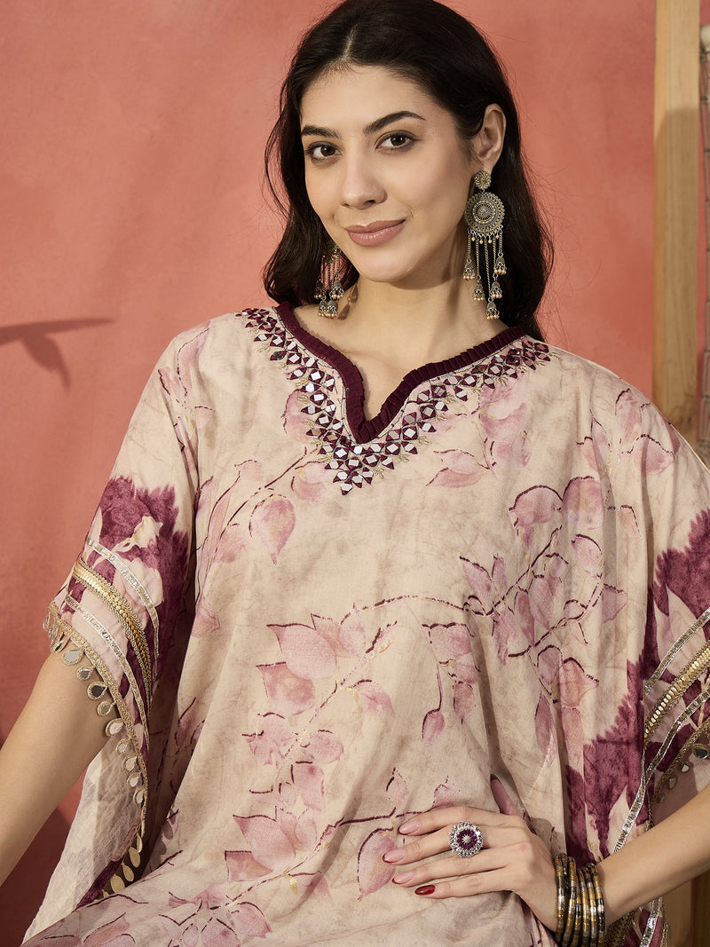 Floral Printed & Embroidered Kaftan With Trousers
