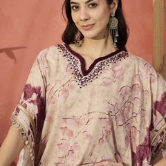 Floral Printed & Embroidered Kaftan With Trousers