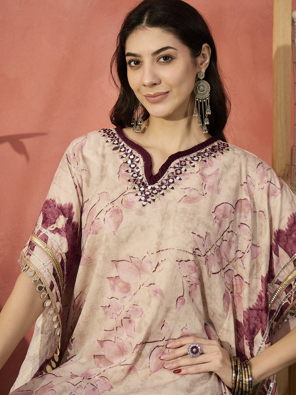 Floral Printed & Embroidered Kaftan With Trousers