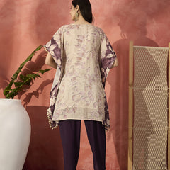 Floral Printed & Embroidered Kaftan With Trousers