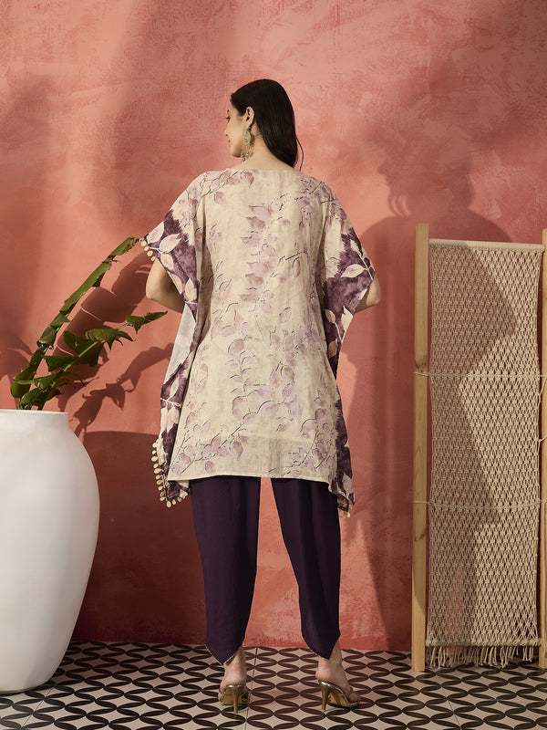 Floral Printed & Embroidered Kaftan With Trousers