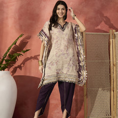 Floral Printed & Embroidered Kaftan With Trousers