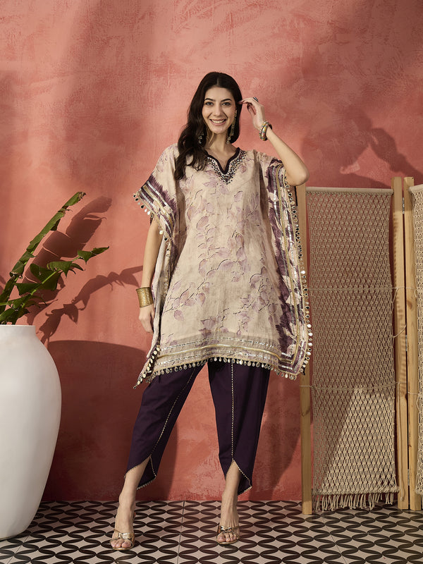 Floral Printed & Embroidered Kaftan With Trousers