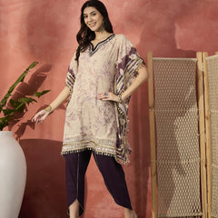 Floral Printed & Embroidered Kaftan With Trousers