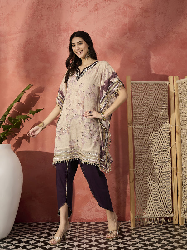 Floral Printed & Embroidered Kaftan With Trousers