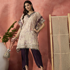 Floral Printed & Embroidered Kaftan With Trousers