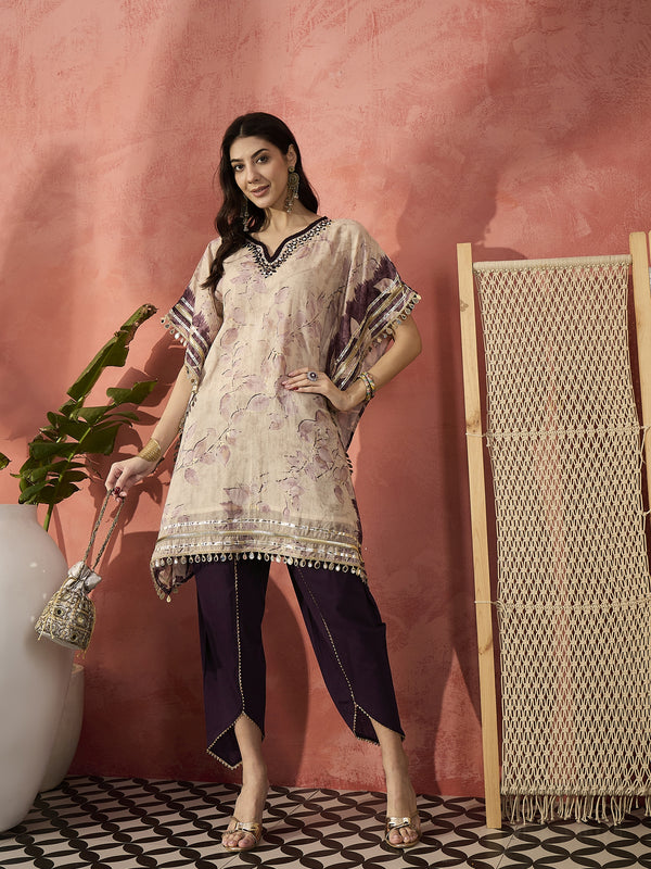 Floral Printed & Embroidered Kaftan With Trousers