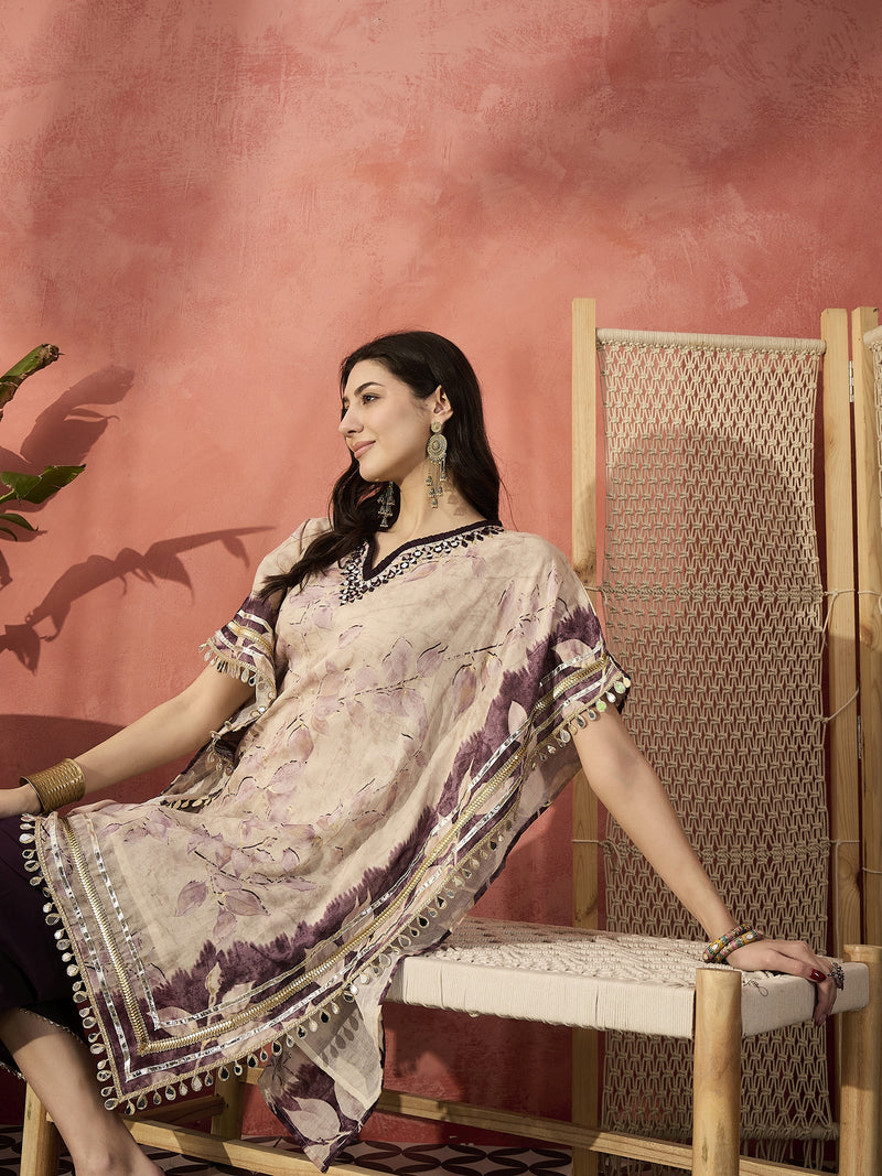 Floral Printed & Embroidered Kaftan With Trousers