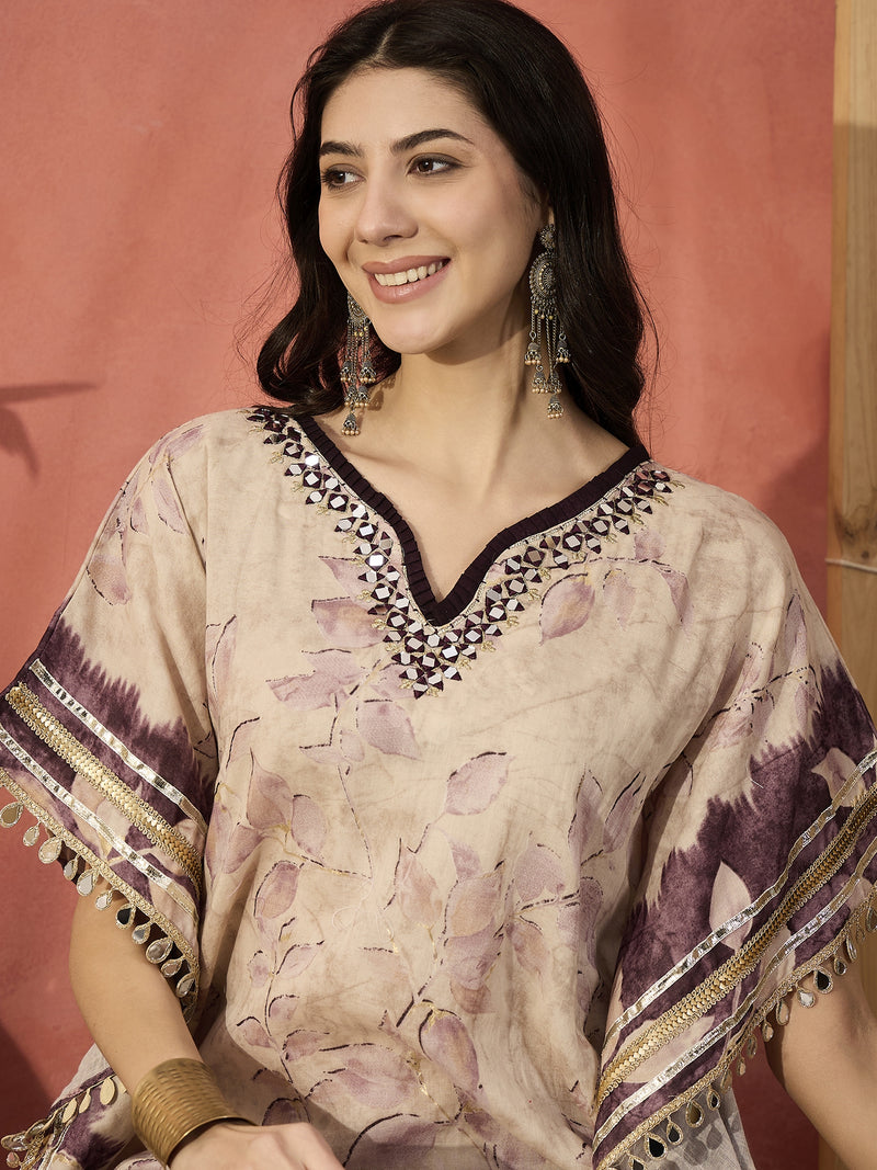 Floral Printed & Embroidered Kaftan With Trousers