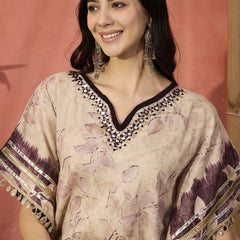 Floral Printed & Embroidered Kaftan With Trousers