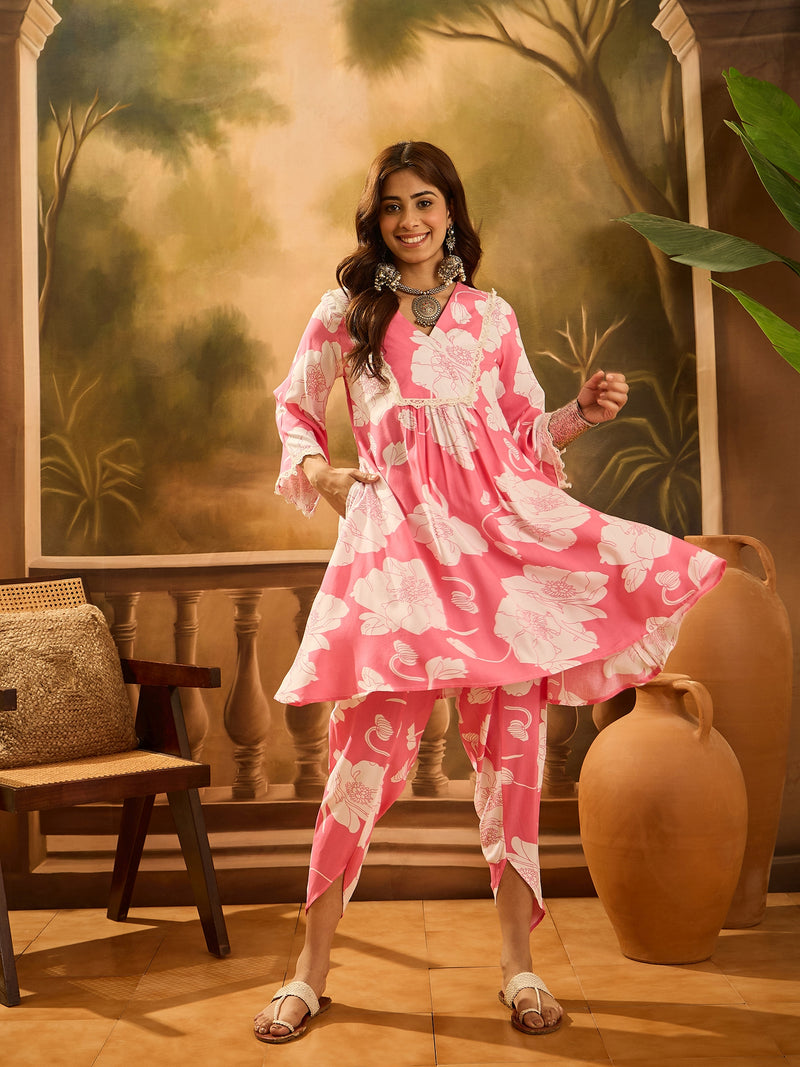 Floral Printed V-Neck Pure Cotton A-Line Kurta With Dhoti Pant