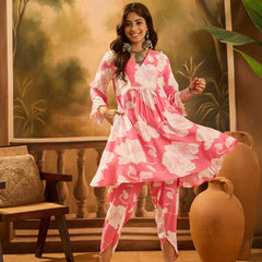Floral Printed V-Neck Pure Cotton A-Line Kurta With Dhoti Pant
