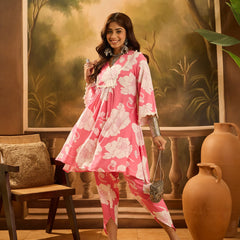Floral Printed V-Neck Pure Cotton A-Line Kurta With Dhoti Pant