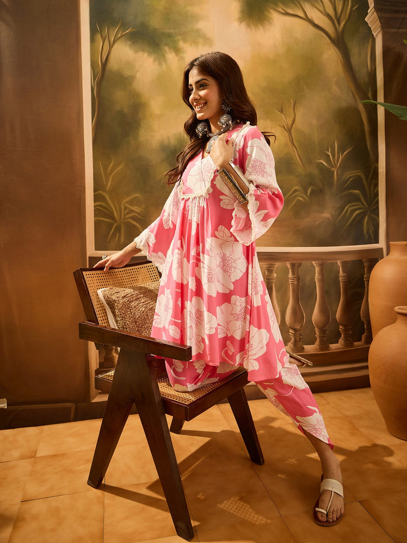 Floral Printed V-Neck Pure Cotton A-Line Kurta With Dhoti Pant