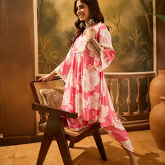 Floral Printed V-Neck Pure Cotton A-Line Kurta With Dhoti Pant
