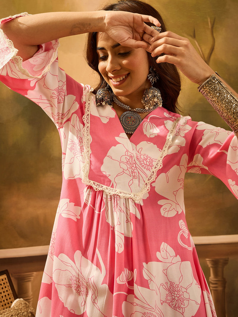 Floral Printed V-Neck Pure Cotton A-Line Kurta With Dhoti Pant