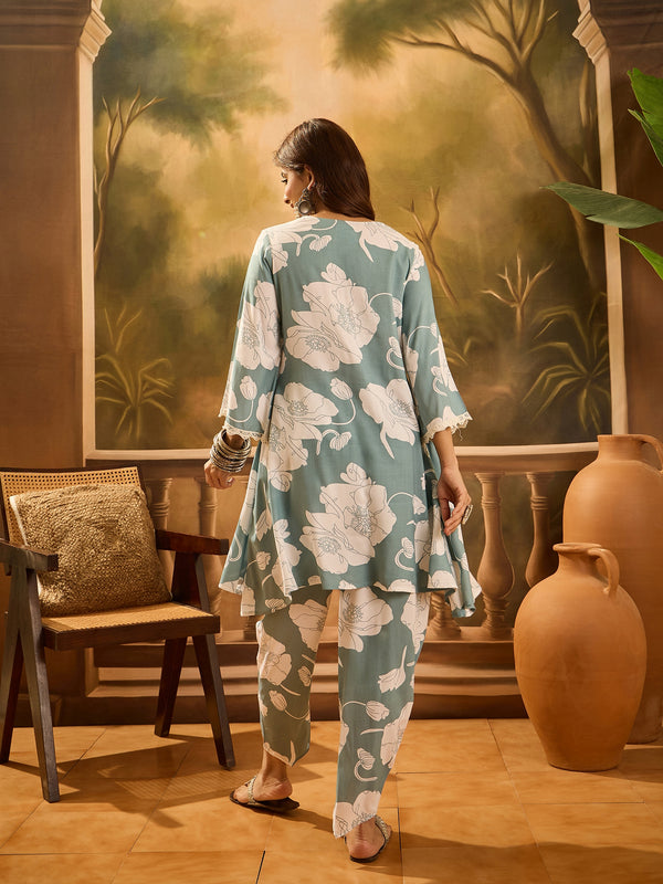 Floral Printed V-Neck Pure Cotton A-Line Kurta With Dhoti Pant