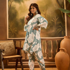Floral Printed V-Neck Pure Cotton A-Line Kurta With Dhoti Pant