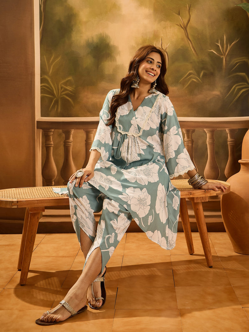Floral Printed V-Neck Pure Cotton A-Line Kurta With Dhoti Pant