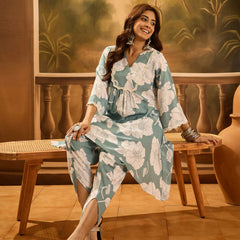 Floral Printed V-Neck Pure Cotton A-Line Kurta With Dhoti Pant