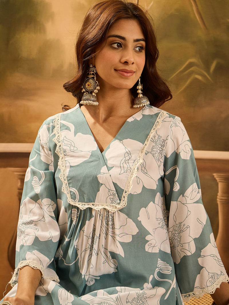 Floral Printed V-Neck Pure Cotton A-Line Kurta With Dhoti Pant