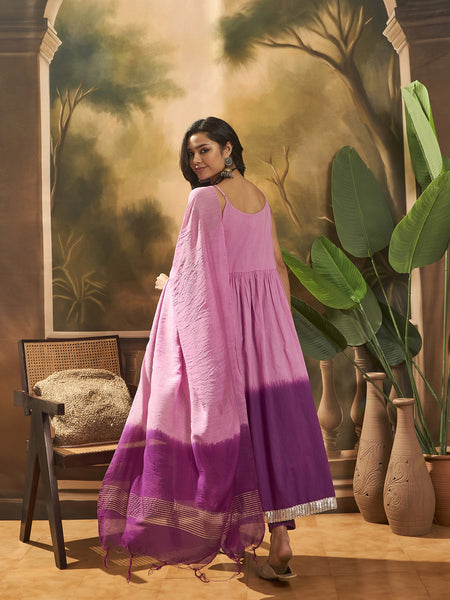Purple Ombre Mirror Work Flared Kurta Set with Dupatta