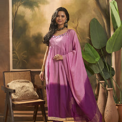 Purple Ombre Mirror Work Flared Kurta Set with Dupatta