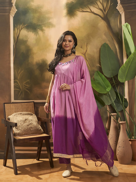 Purple Ombre Mirror Work Flared Kurta Set with Dupatta