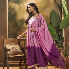 Purple Ombre Mirror Work Flared Kurta Set with Dupatta