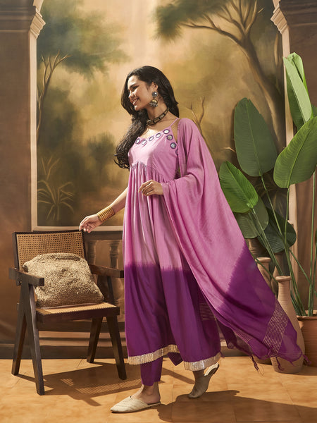 Purple Ombre Mirror Work Flared Kurta Set with Dupatta