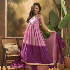 Purple Ombre Mirror Work Flared Kurta Set with Dupatta