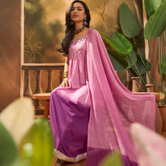 Purple Ombre Mirror Work Flared Kurta Set with Dupatta