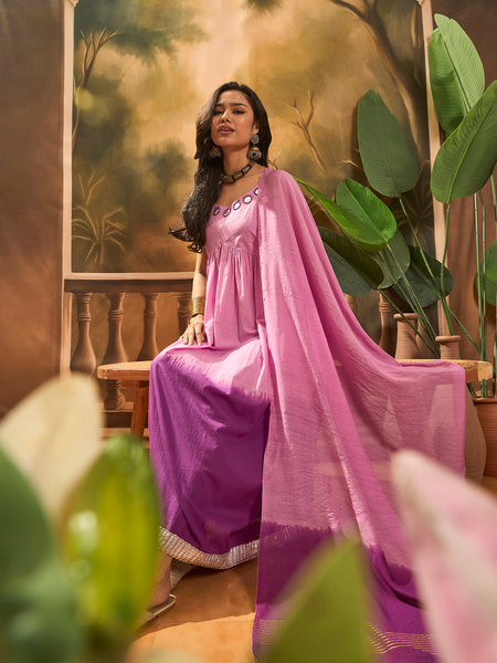 Purple Ombre Mirror Work Flared Kurta Set with Dupatta