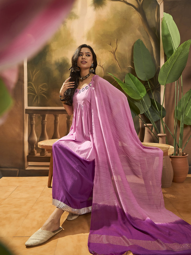 Purple Ombre Mirror Work Flared Kurta Set with Dupatta