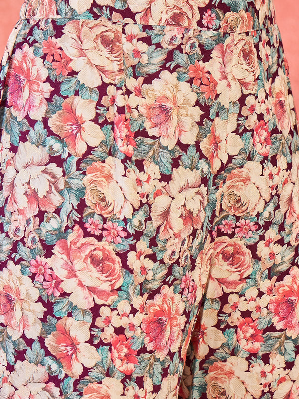 Pink Floral Printed Lapel Collar A-Line Kurta With Trouser Kurta Set