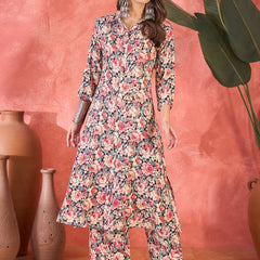 Multi Floral Printed Lapel Collar A-Line Kurta With Trouser Kurta Set