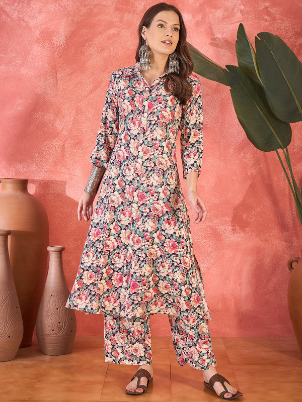 Multi Floral Printed Lapel Collar A-Line Kurta With Trouser Kurta Set
